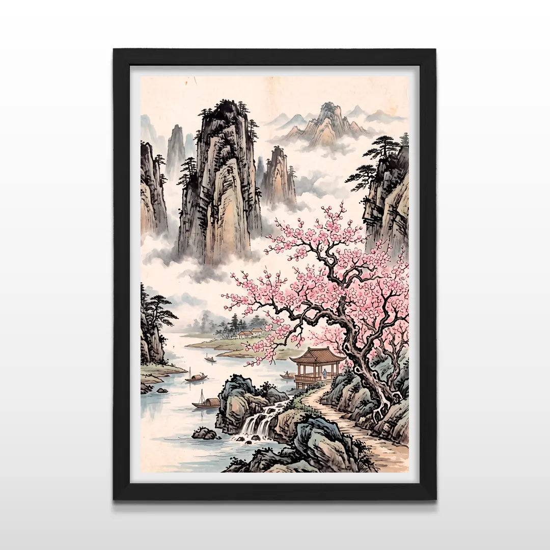 Cuadro vertical en marco negro con lámina artística oriental de un paisaje asiático con cerezo rosa y montañas con niebla