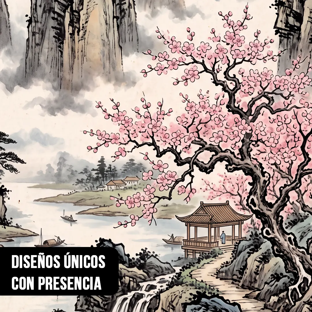 Primer plano de pintura oriental tradicional con un cerezo en flor rosa, pagoda de madera y río entre montañas