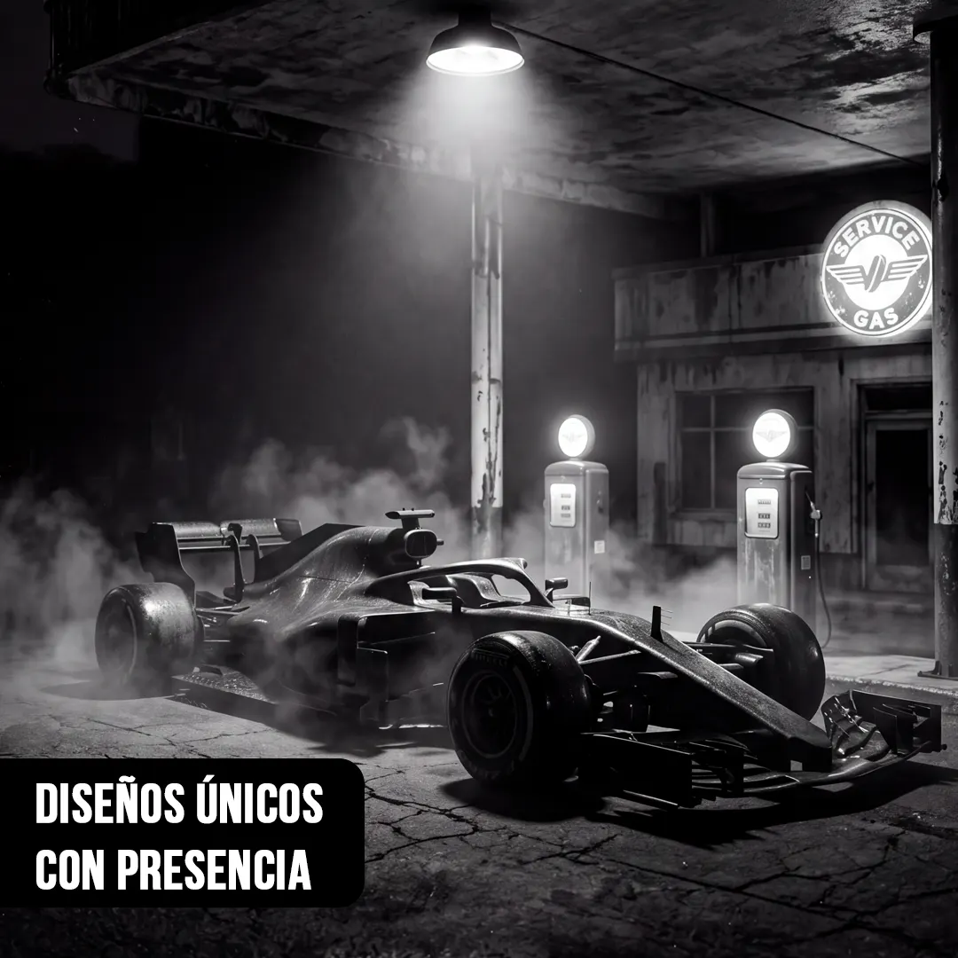 Primer plano en blanco y negro de un monoplaza de Fórmula 1 estacionado entre humo bajo la luz de una gasolinera vintage