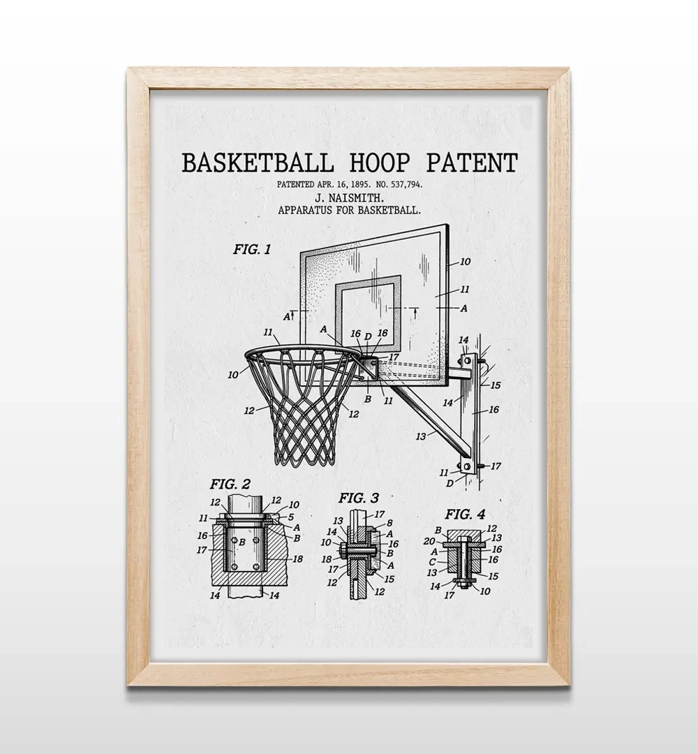 Cuadro vertical en marco de madera clara con esquema retro de patente industrial de tablero y aro de baloncesto