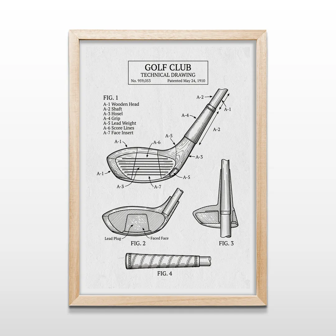 Cuadro vertical en marco de madera clara con esquema retro de patente de palo de golf con figuras numeradas