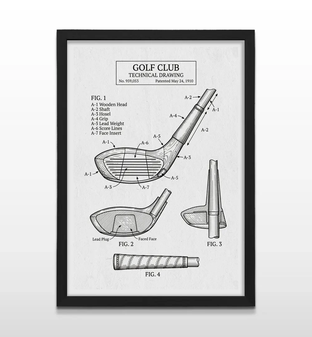 Cuadro vertical en marco negro con lámina vintage de dibujo técnico de palo de golf con texto Golf Club Technical Drawing de 1910