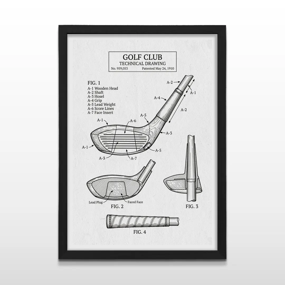 Cuadro vertical en marco negro con lámina vintage de dibujo técnico de palo de golf con texto Golf Club Technical Drawing de 1910