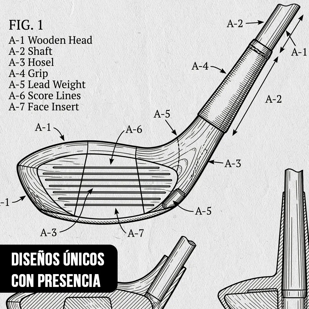 Primer plano de plano técnico de palo de golf con referencias de partes marcadas con flechas y etiquetas de texto