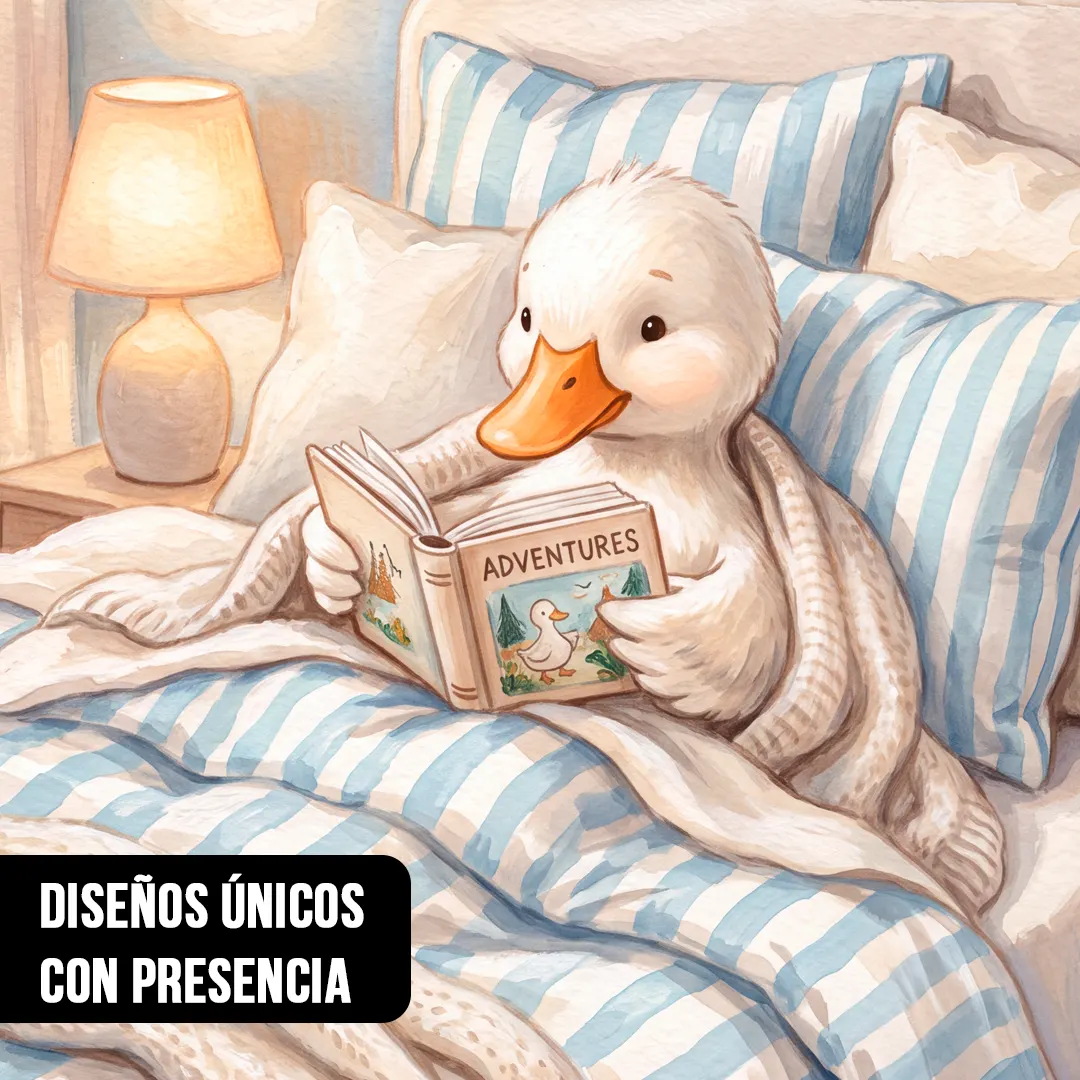 Primer plano de ilustración infantil de un tierno patito arropado en la cama leyendo un libro de aventuras bajo la luz de una lámpara