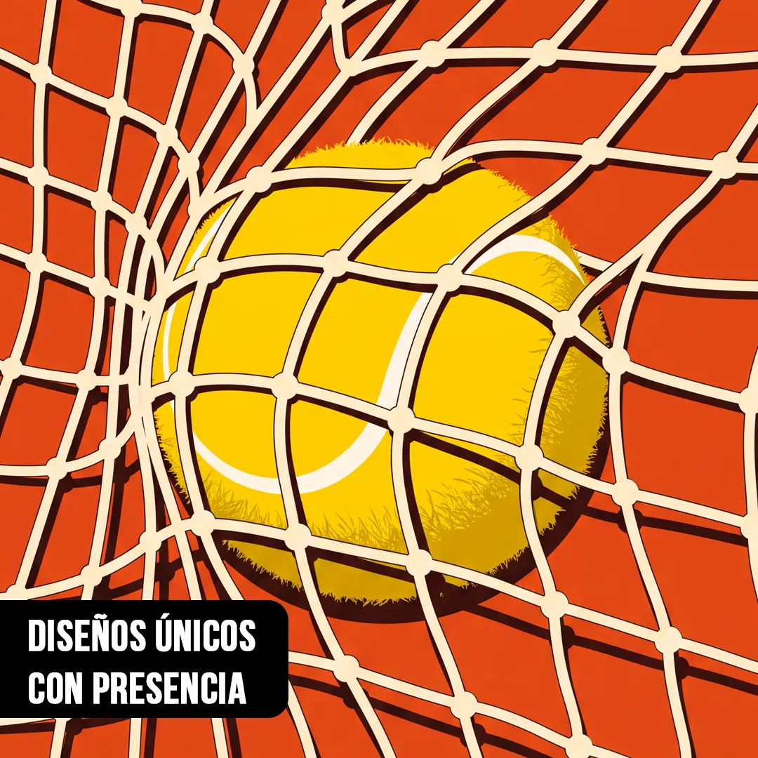 Primer plano de ilustración vectorial de una pelota de tenis amarilla deformando una red blanca sobre fondo naranja
