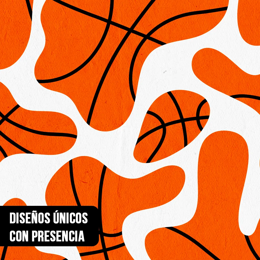 Primer plano de diseño gráfico abstracto con formas fluidas en color naranja y líneas negras que simulan pelotas de básquetbol