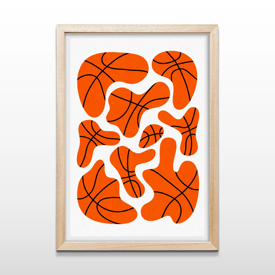 Cuadro vertical en marco de madera clara con ilustración moderna de formas abstractas de pelota de básquetbol