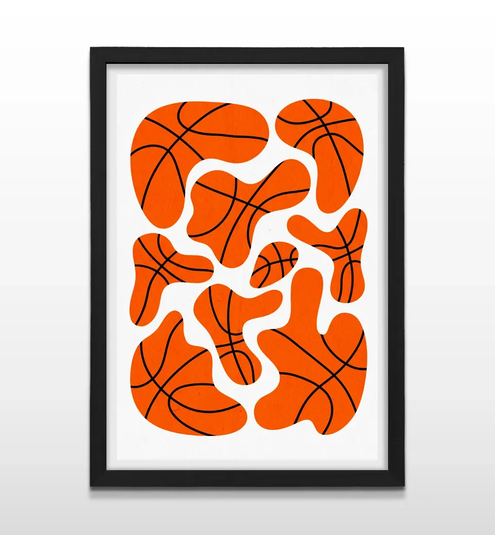 Cuadro vertical en marco negro con lámina artística minimalista de patrones orgánicos de baloncesto en naranja sobre blanco