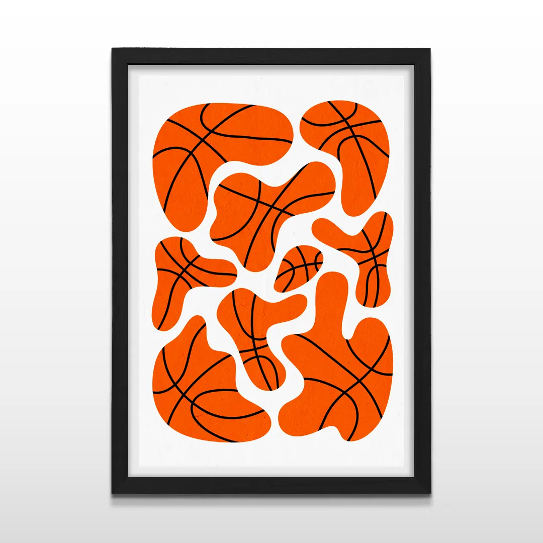 Cuadro vertical en marco negro con lámina artística minimalista de patrones orgánicos de baloncesto en naranja sobre blanco