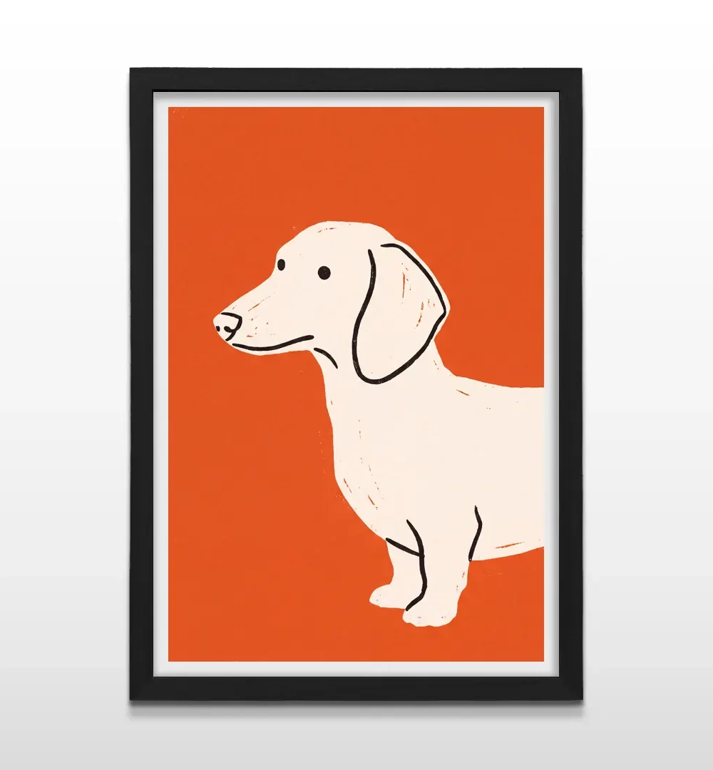 Cuadro vertical en marco negro con ilustración minimalista de perro salchicha sobre fondo naranja terracota