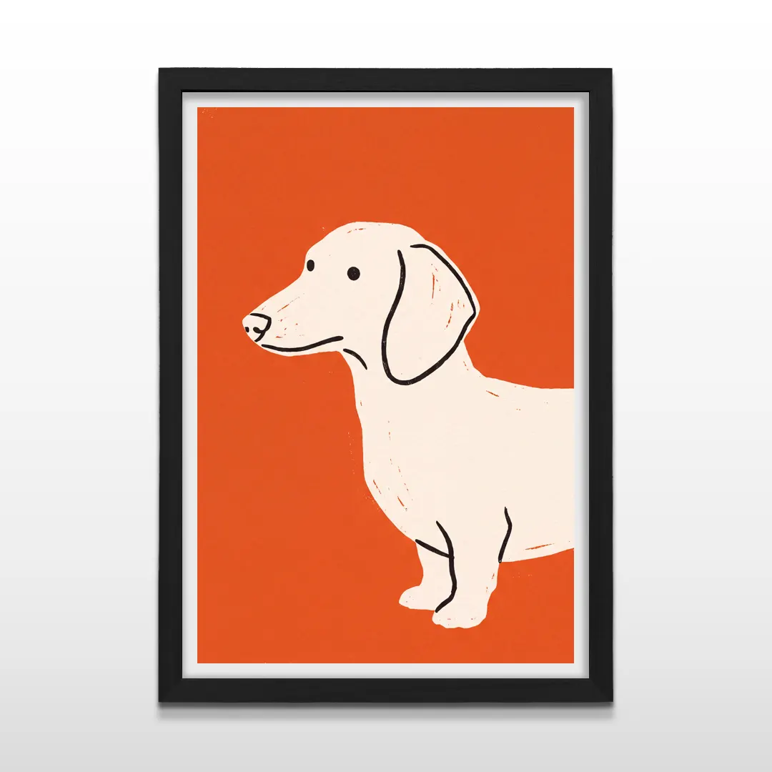Cuadro vertical en marco negro con ilustración minimalista de perro salchicha sobre fondo naranja terracota