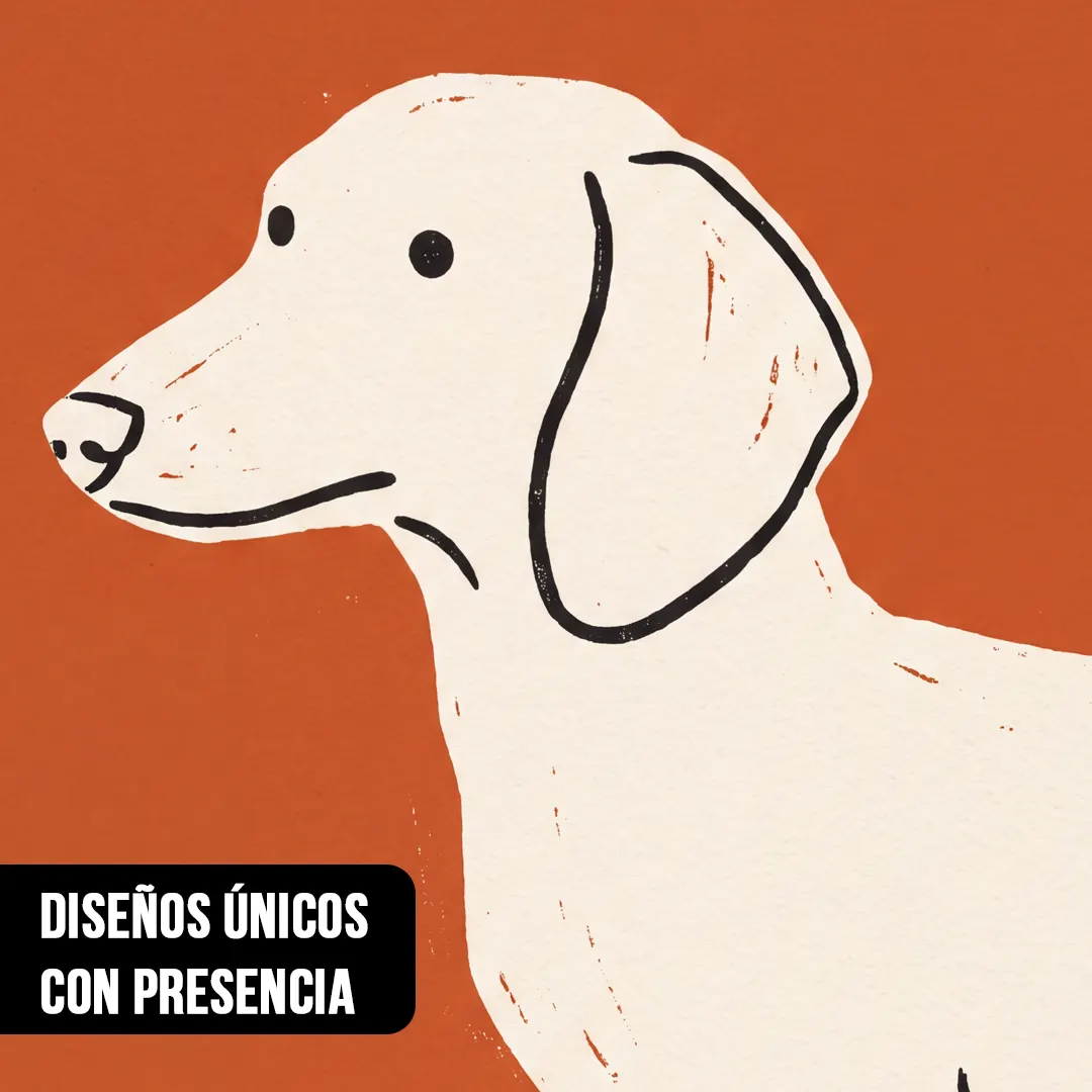 Primer plano de ilustración estilo linograbado con cabeza y perfil de perro salchicha crema