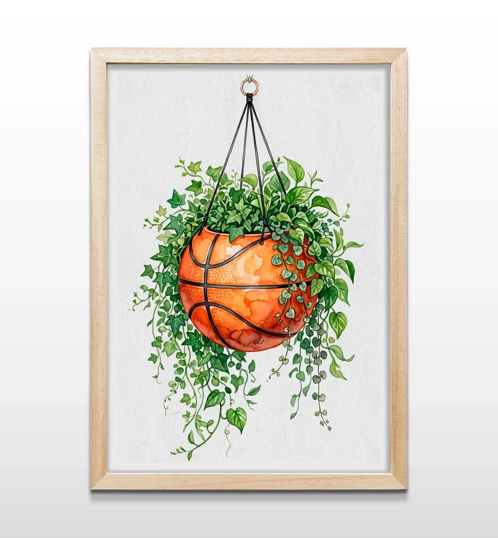 Cuadro vertical en marco de madera clara con diseño artístico en acuarela de maceta de básquetbol con hojas colgantes