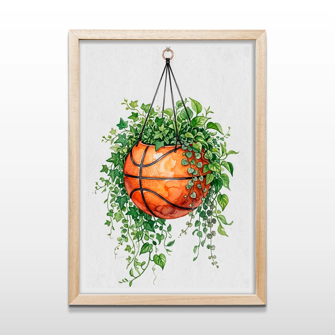 Cuadro vertical en marco de madera clara con diseño artístico en acuarela de maceta de básquetbol con hojas colgantes