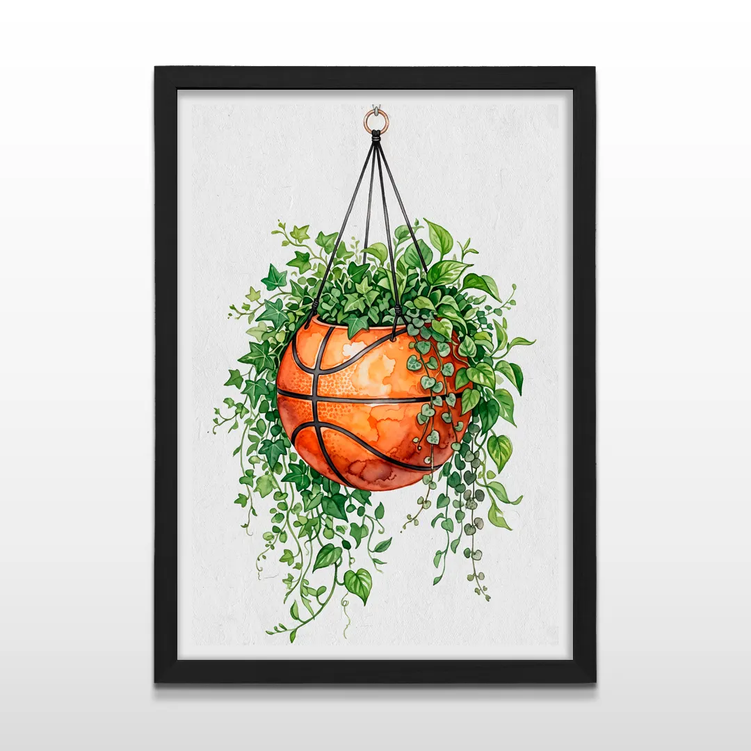 Cuadro vertical en marco negro con lámina botánica de una pelota de baloncesto suspendida con plantas verdes