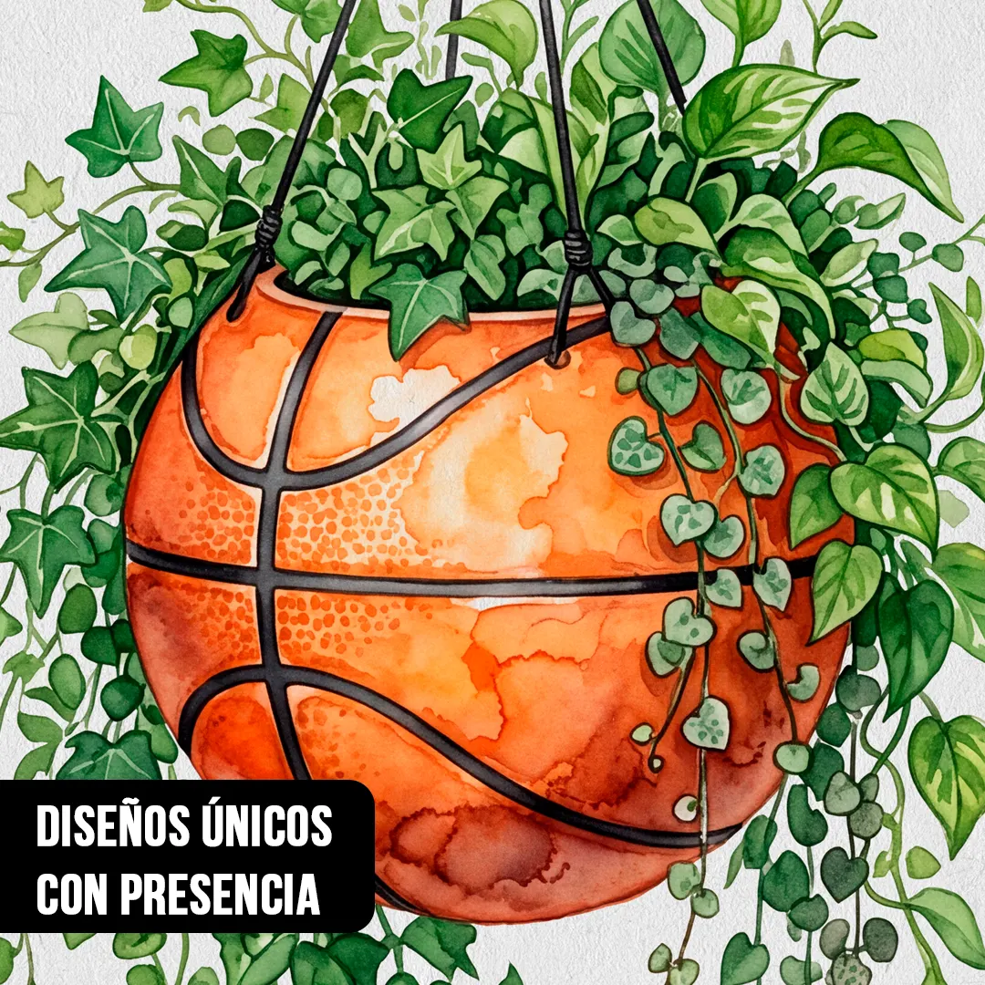 Primer plano de ilustración en acuarela de una pelota de básquetbol usada como maceta colgante con enredaderas verdes