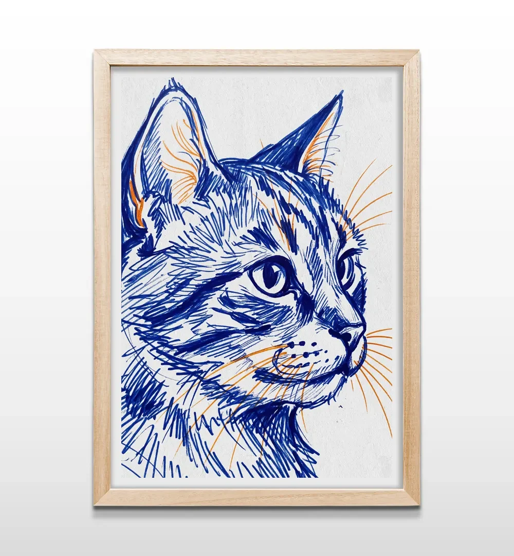 Cuadro vertical en marco de madera clara con ilustración minimalista de rostro de gato atigrado sobre fondo blanco