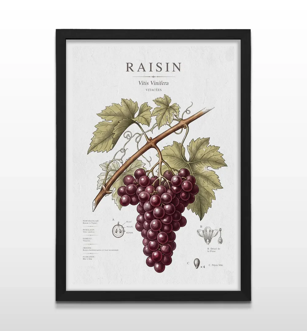 Cuadro vertical en marco negro con lámina botánica de racimo de uvas tintas y diagramas científicos
