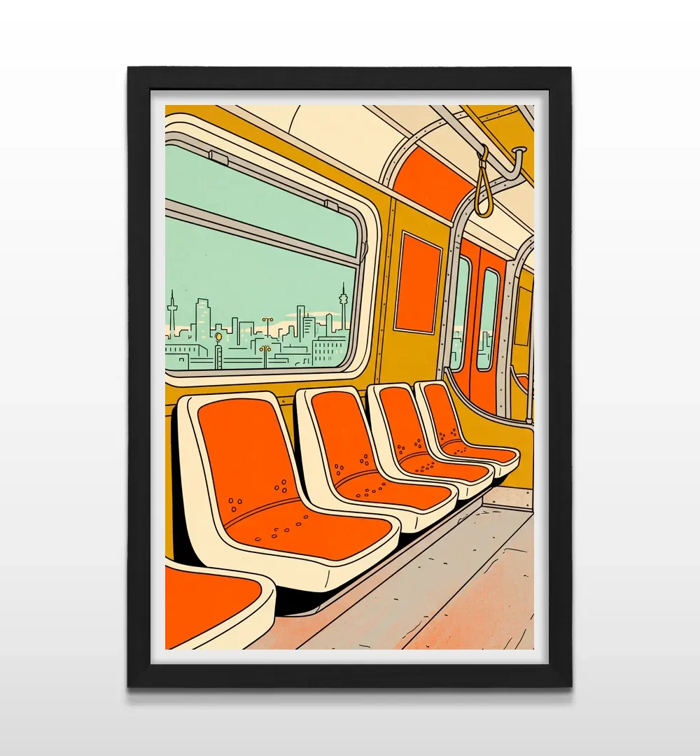 Cuadro vertical en marco negro con lámina gráfica de vagón de metro retro y paisaje urbano al fondo