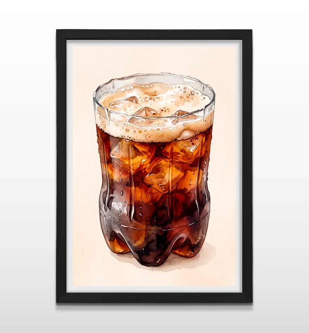 Cuadro vertical en marco negro con ilustración en acuarela de bebida oscura con hielo y espuma