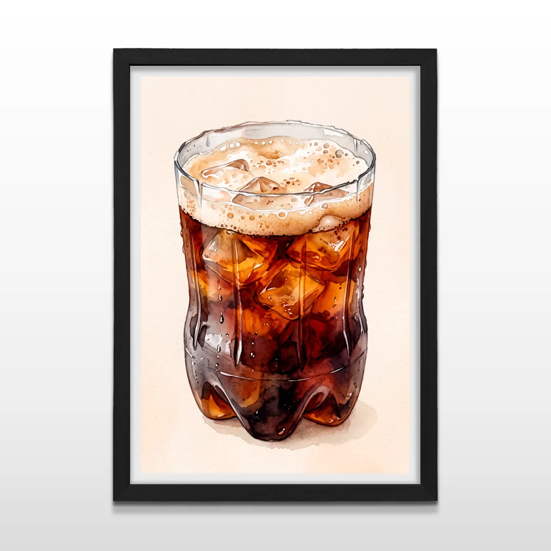 Cuadro vertical en marco negro con ilustración en acuarela de bebida oscura con hielo y espuma