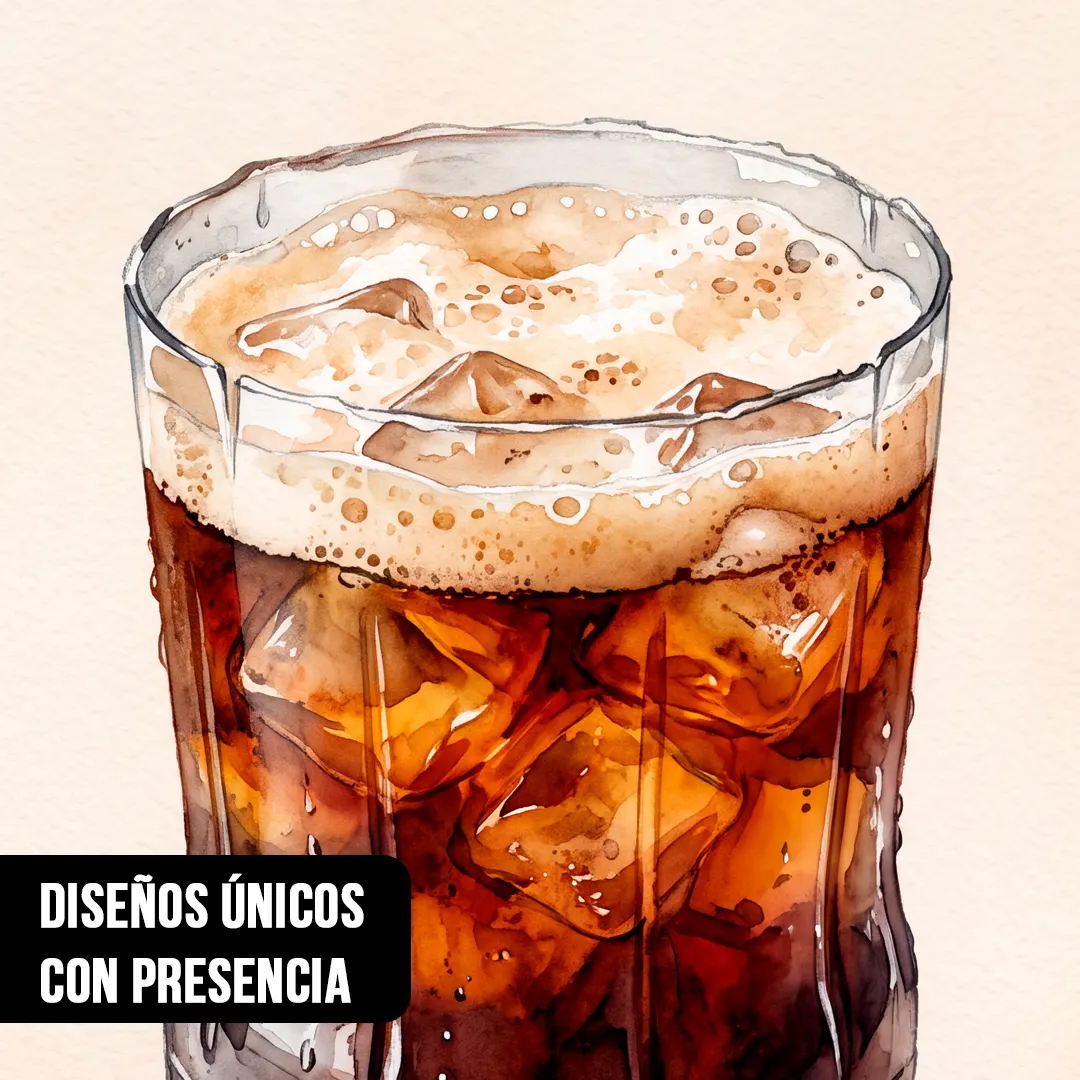 Primer plano de pintura en acuarela de vaso con bebida oscura, hielo y espuma detallada